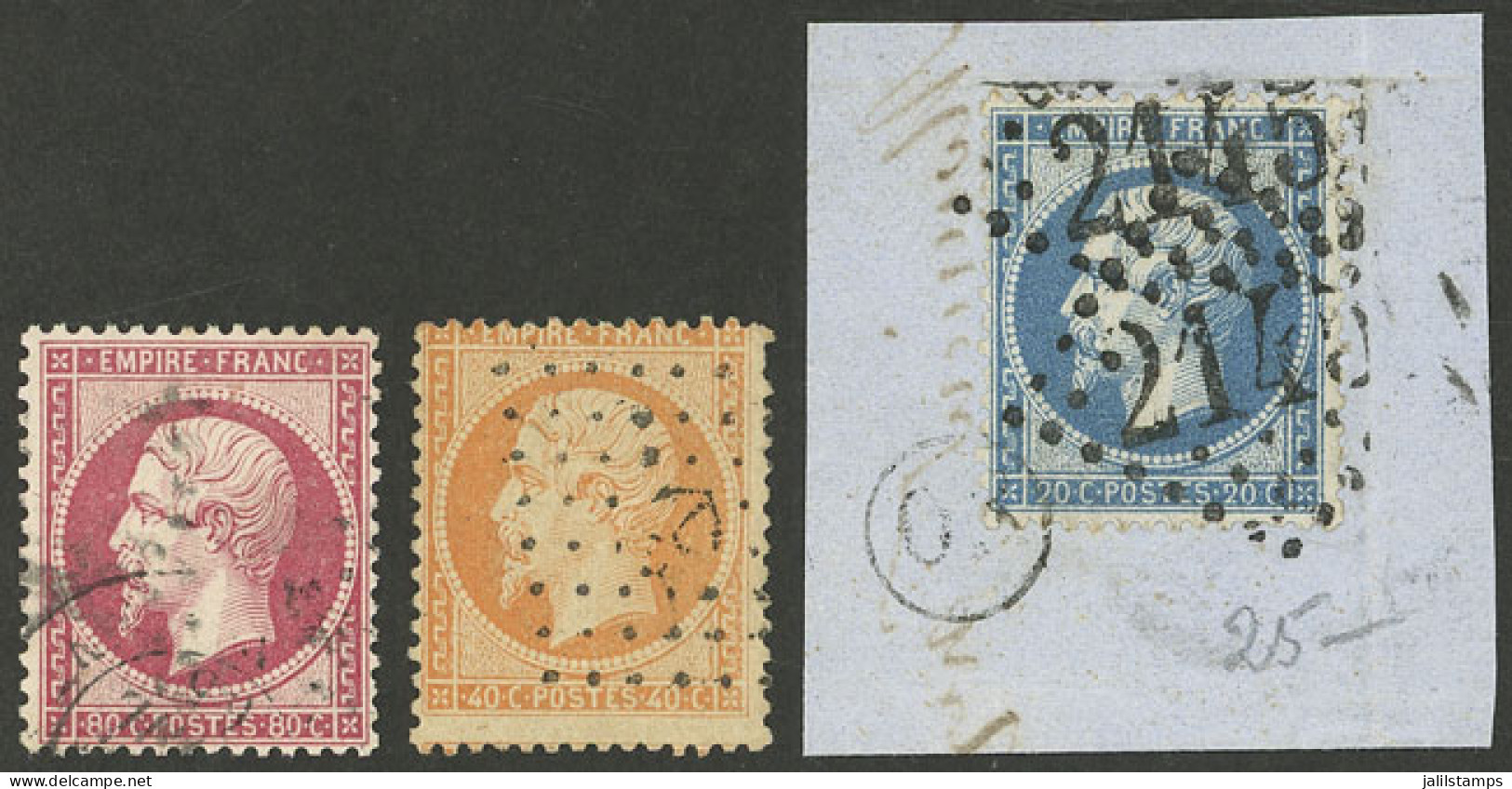 FRANCE: Yvert 22 + Other Values, Small Group Of 3 Old Stamps With Interesting Cancels, Very Fine Quality! - Other & Unclassified