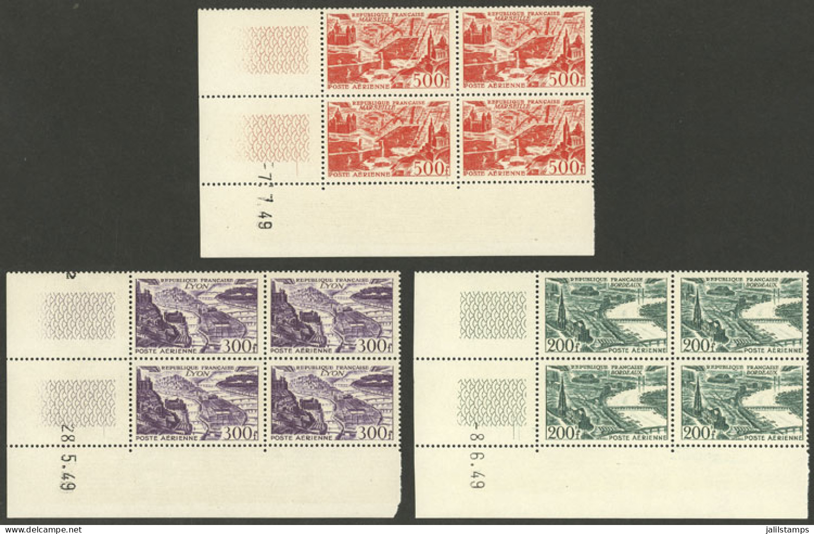 FRANCE: Yvert 25/27, 1949 The 3 High Values Of The Set Of 4, Corner Blocks Of 4 With Date In The Margins, MNH, Excellent - Other & Unclassified