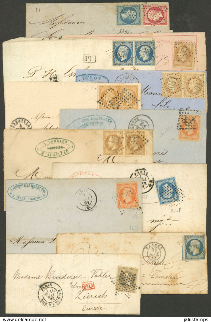 FRANCE: 11 Folded Covers, Fronts, Letters, Covers Or Cards Used Between 1855 And 1872, With Attractive Postages And Canc - Other & Unclassified