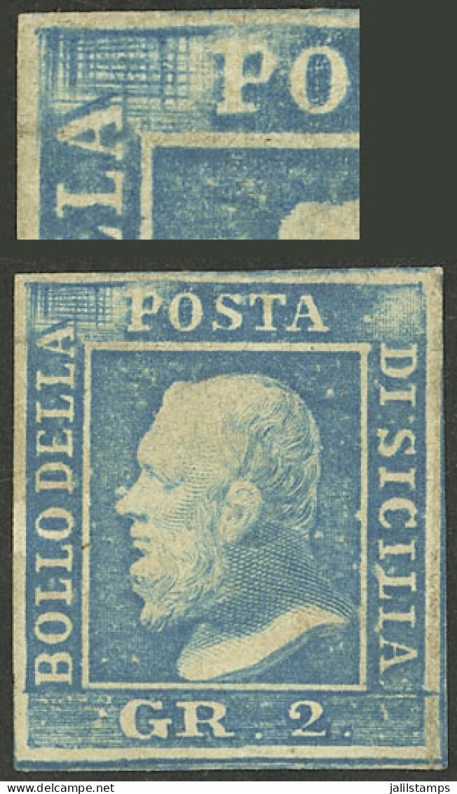 ITALY: Sc.13, 1859 2g. Azul, Mint Original Gum, With RETOUCH In The Top Left Corner, Very Fine Quality, Very Interesting - Ohne Zuordnung