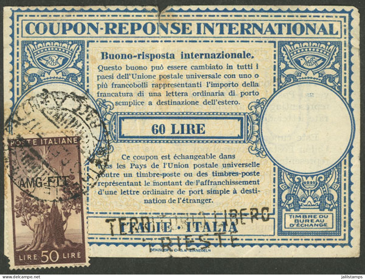 ITALY - TRIESTE: Year 1959, IRC Interesting Reply Coupon Of Italy (original Value 60L.), With A Stamp Of 50L. Overprinte - Zonder Classificatie