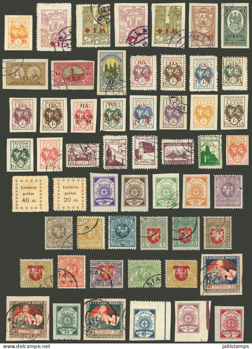 LITHUANIA + CENTRAL LITHUANIA: Interesting Lot Of Old Stamps, Including Sc.B6A Of Central Lithuania With Variety "N" Omi - Lithuania