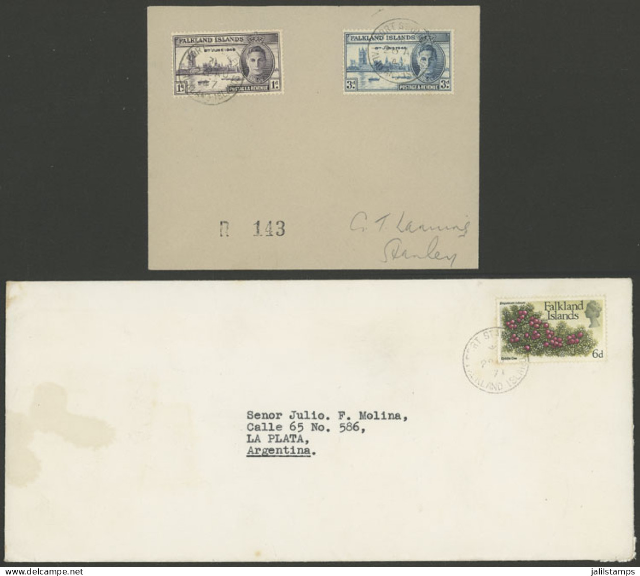 FALKLAND ISLANDS: Cover Sent To Argentina In 1971 Franked With 6p. + Cover Used In Stanley In 1947, VF! - Falklandinseln