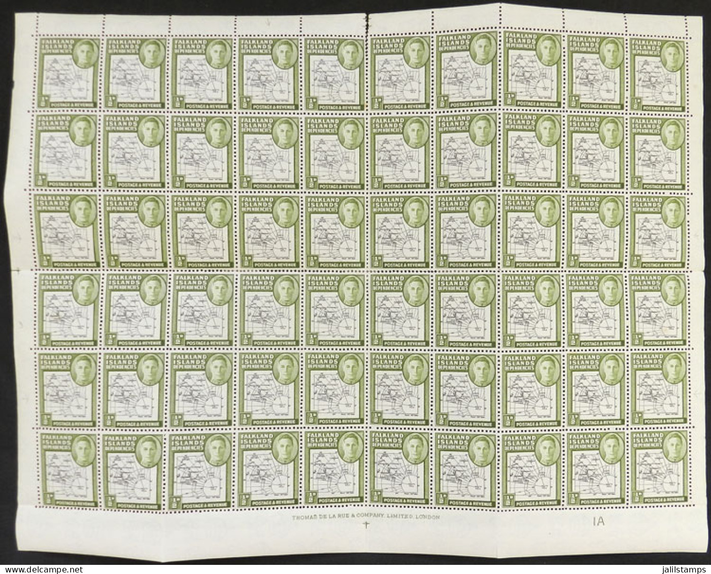 FALKLAND ISLANDS - DEPENDENCIES: Yvert 33A, 1946 ½p. Map, Sheet Of 60 Stamps With 6 Varieties "broken Line" In Positions - Falklandinseln