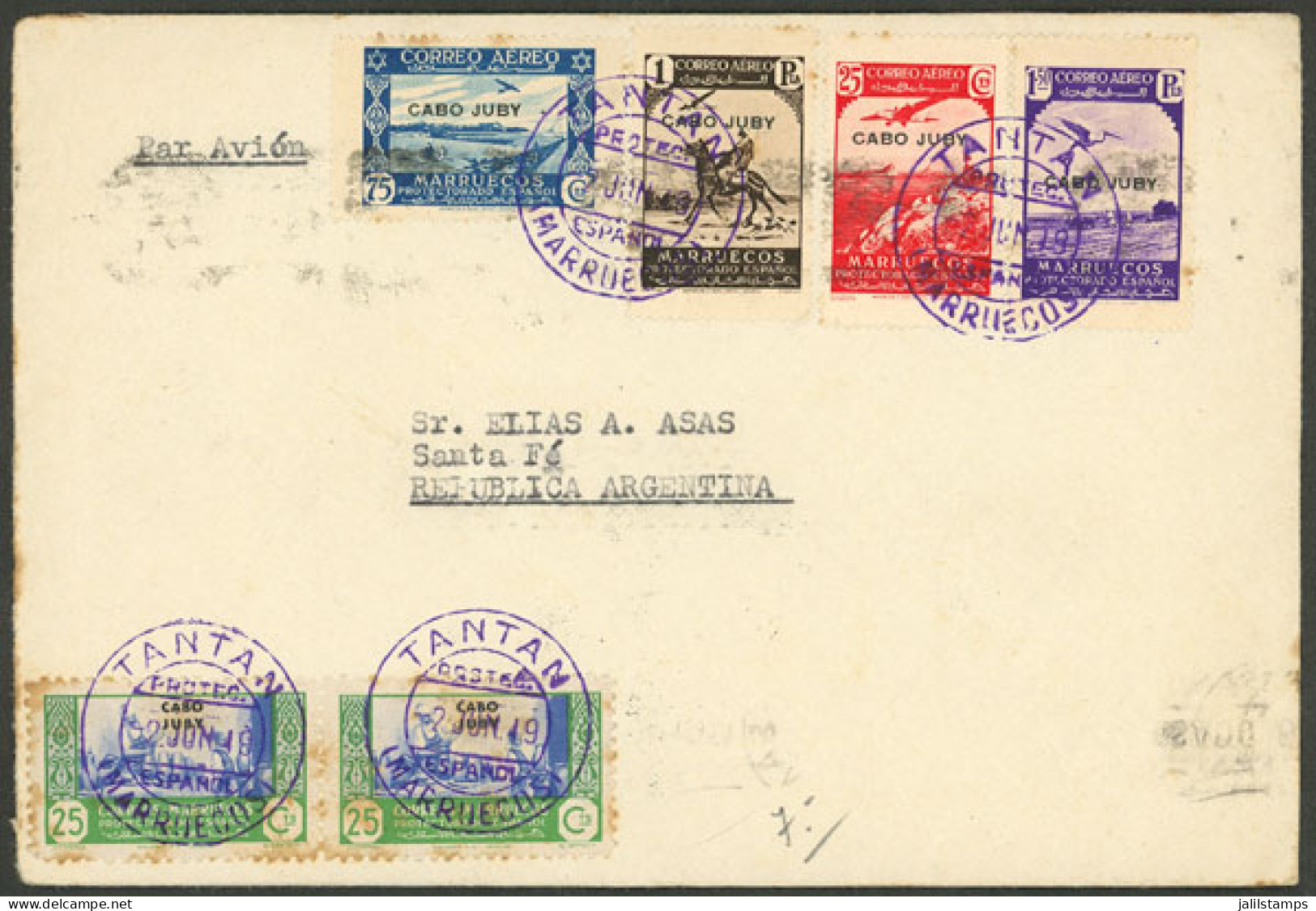 SPANISH MOROCCO: Airmail Cover Franked With Stamps Of CABO JUBY, Sent From TAITÁN To Argentina On 2/JUN/1949, Arrival Ba - Spanisch-Marokko