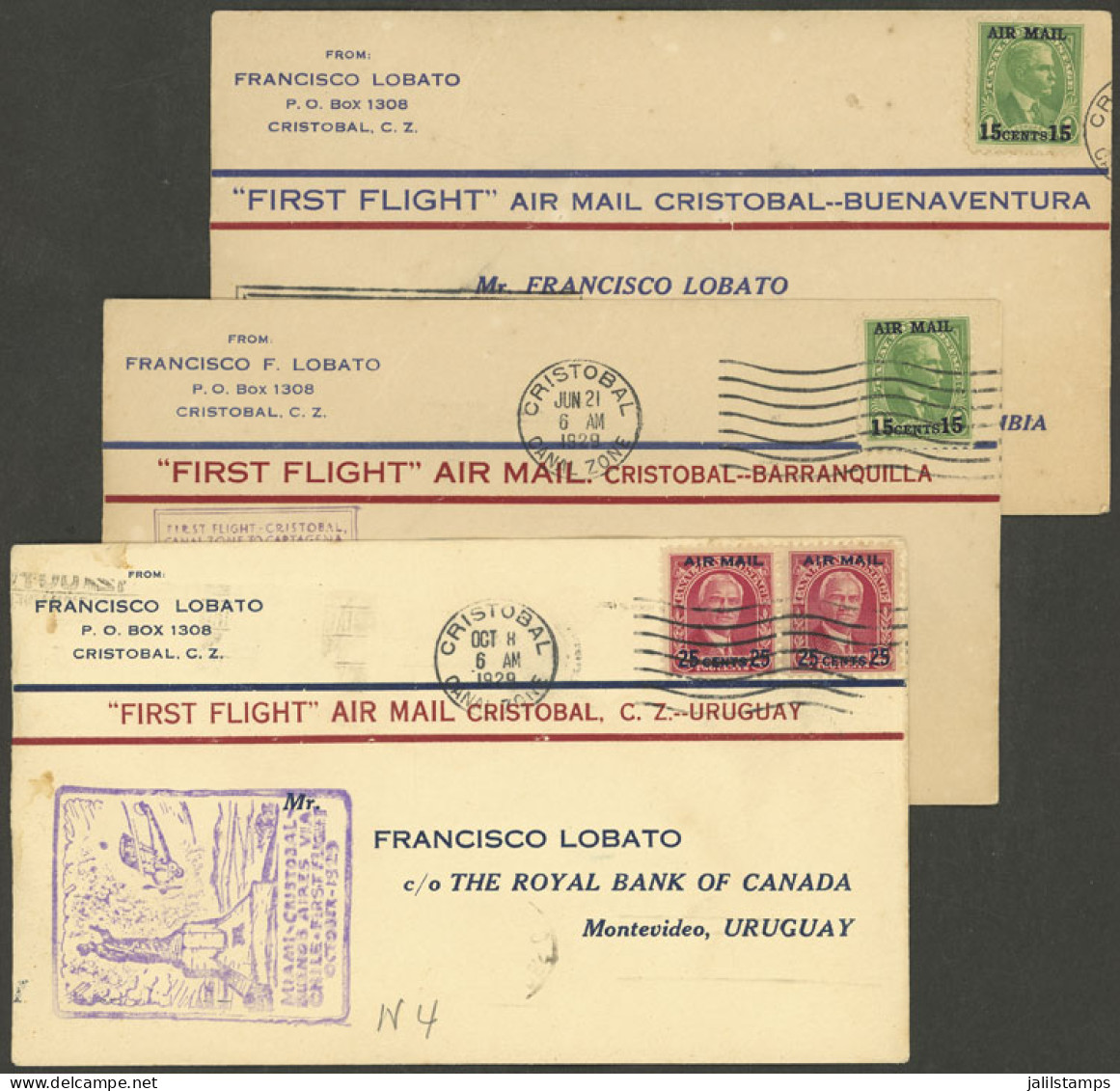 PANAMA - CANAL ZONE: FIRST FLIGHTS: 3 Covers Flown To Barranquilla, Buenaventura And Uruguay In 1929, Very Fine General  - Panama