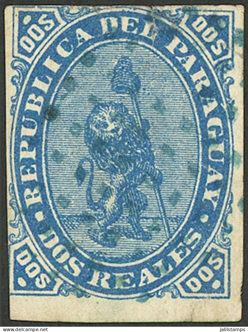 PARAGUAY: Sc.2, 1870 Lion 2R. Blue, Used With Blue Dotted Cancel, Tiny Thin On Back In The Hinge Area, Signed By Victor  - Paraguay