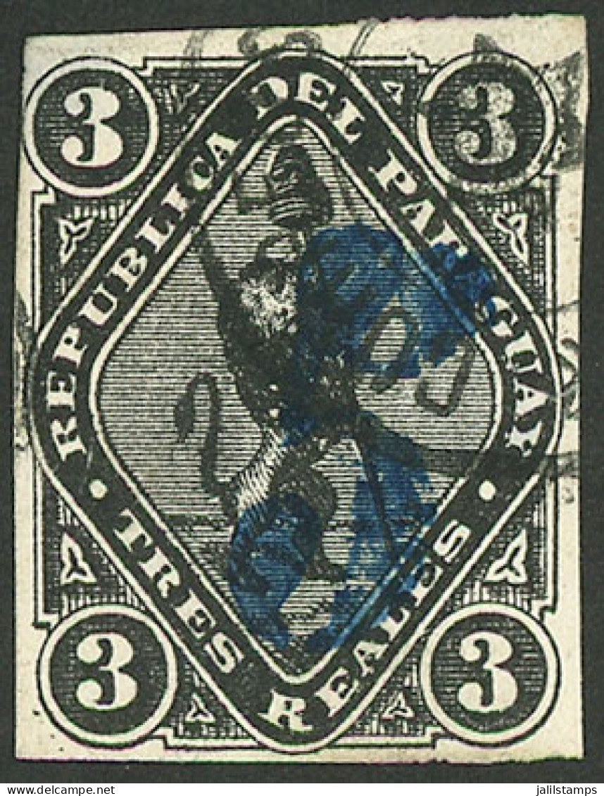 PARAGUAY: Sc.6, 1878 5c. On 3R. Black, Vertical Blue Overprint (large Figure), Used, Excellent Quality, Rare! - Paraguay