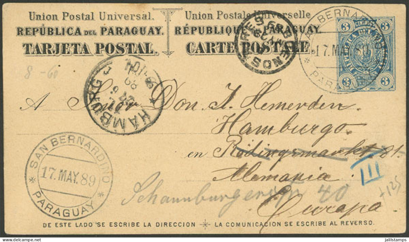 PARAGUAY: 17/MAY/1887 SAN BERNARDINO - Germany, 3c. Postal Card With Dispatching, Buenos Aires Transit And Arrival Marks - Paraguay