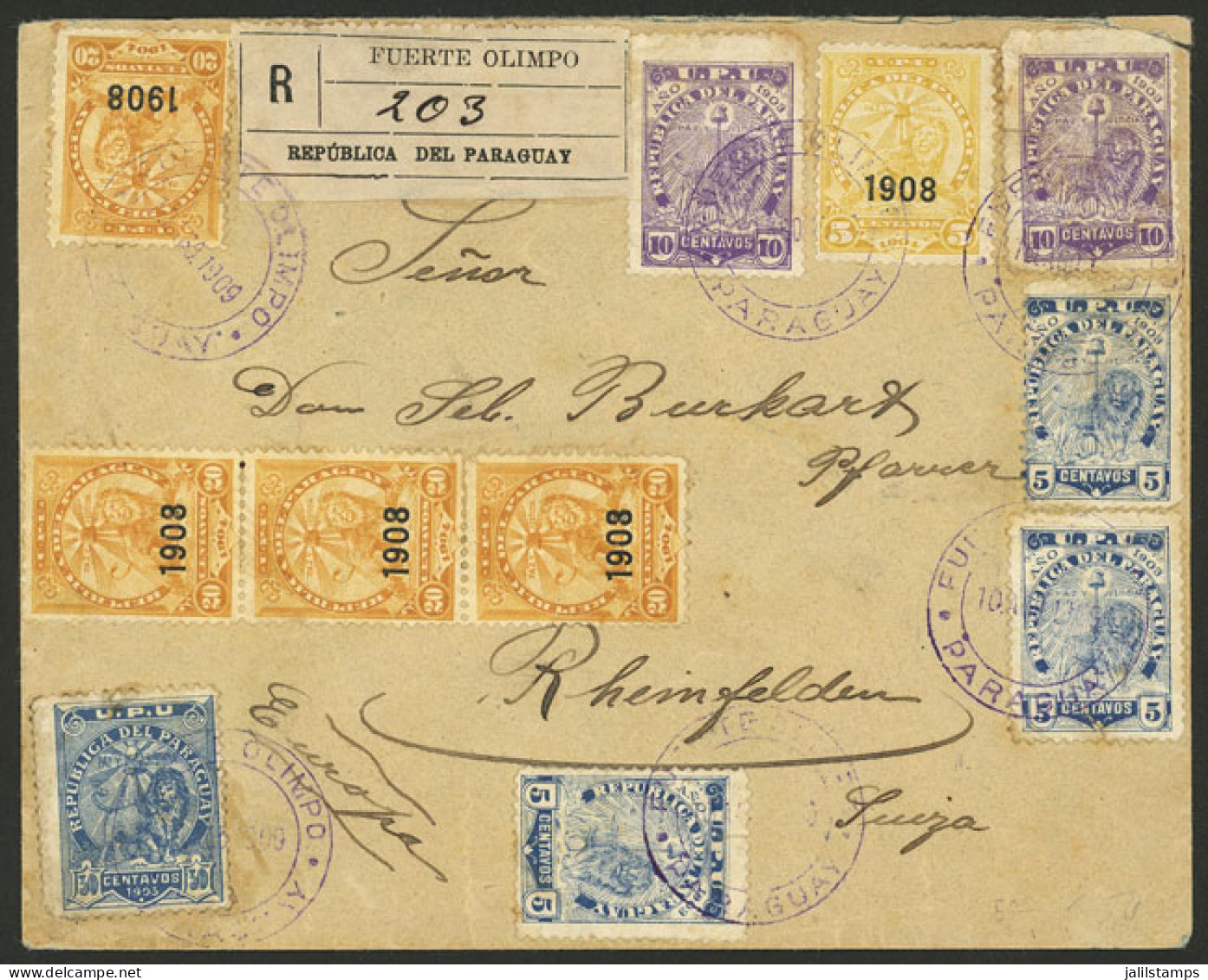 PARAGUAY: 10/AU/1909 FUERTE OLIMPO - Switzerland, Registered Cover With Very Attractive Postage Of 1.50P., There Are Sev - Paraguay