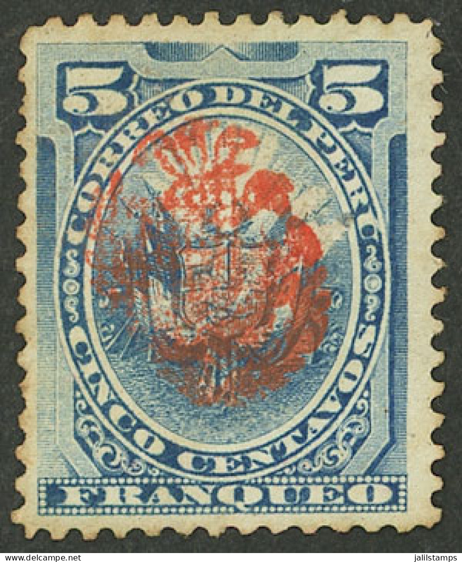 PERU: Yvert 45, Chilean Occupation, 1882 5c. Blue With DOUBLE Overprint, Mint Without Gum, With Guarantee Mark On Back O - Peru