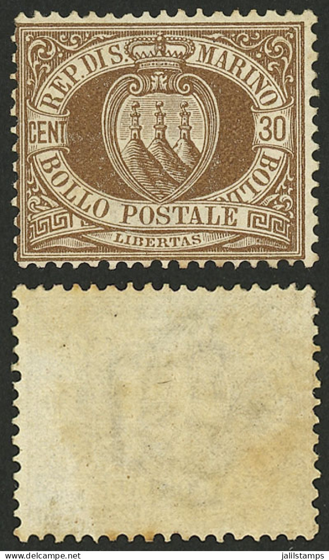 SAN MARINO: Sc.15, 1877 30c. Brown, Mint With Lightly Toned Gum, Very Fine Appearance, Low Start! - Autres & Non Classés