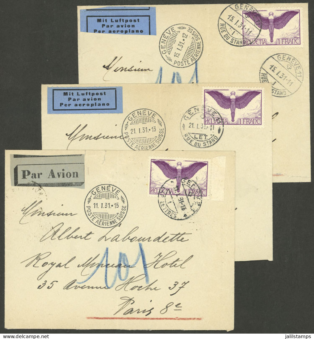 SWITZERLAND: 3 Airmail Covers Sent To Paris In 1931 Franked With 1Fr. (Sc.C12), They May Have Small Opening Defects, VF  - Otros & Sin Clasificación
