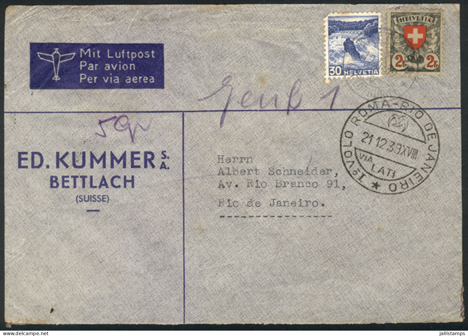 SWITZERLAND: Cover Carried On The First LATI FLIGHT ROMA - RIO DE JANEIRO, Dispatched In Bettlach On 19/DE/1939 Franked  - Sonstige & Ohne Zuordnung