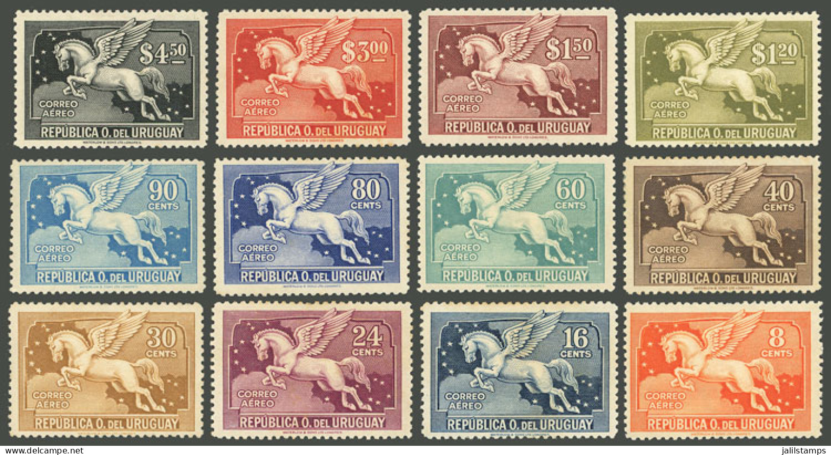 URUGUAY: Yvert 27/38, 1929 Pegasus, Complete Set Of 12 Mint Values (a Low Value Without Gum And The 90c. With Crease, No - Uruguay