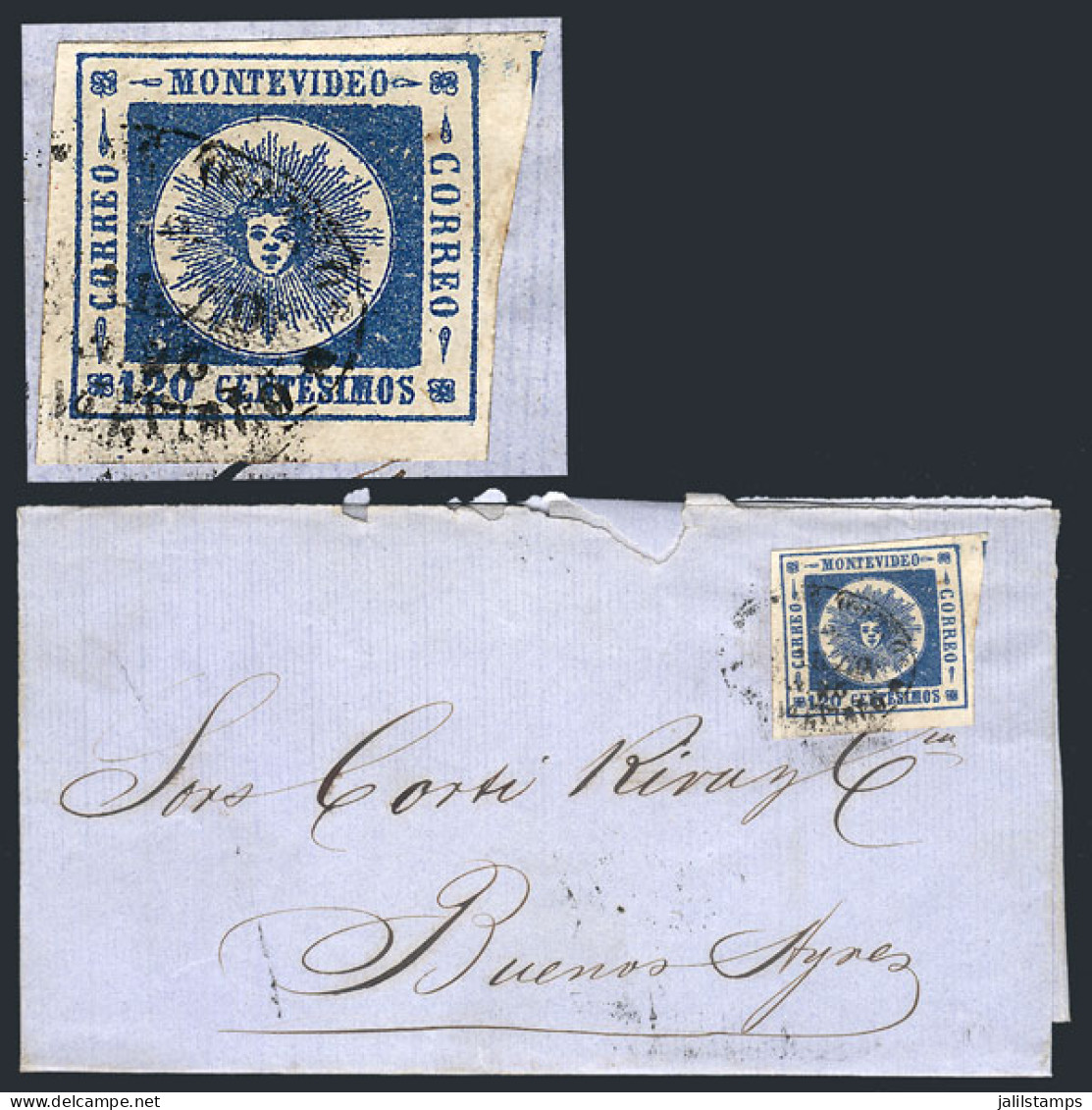 URUGUAY: 19/MAR/1861 MONTEVIDEO  - Buenos Aires: Folded Cover Franked By Sc.16 (Sun 120c. Blue Thick Figures), With Oval - Uruguay