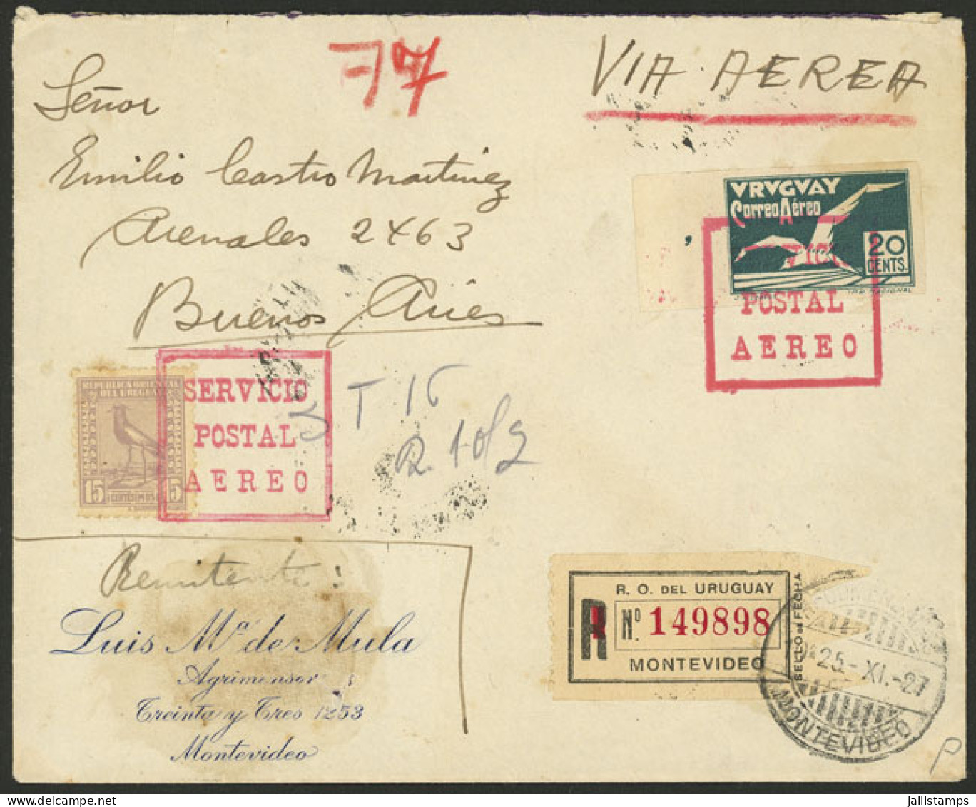 URUGUAY: 25/NO/1927 Montevideo - Buenos Aires, Registered Airmail Cover, Arrival Backstamp 28/NO, Very Fine Quality, Int - Uruguay