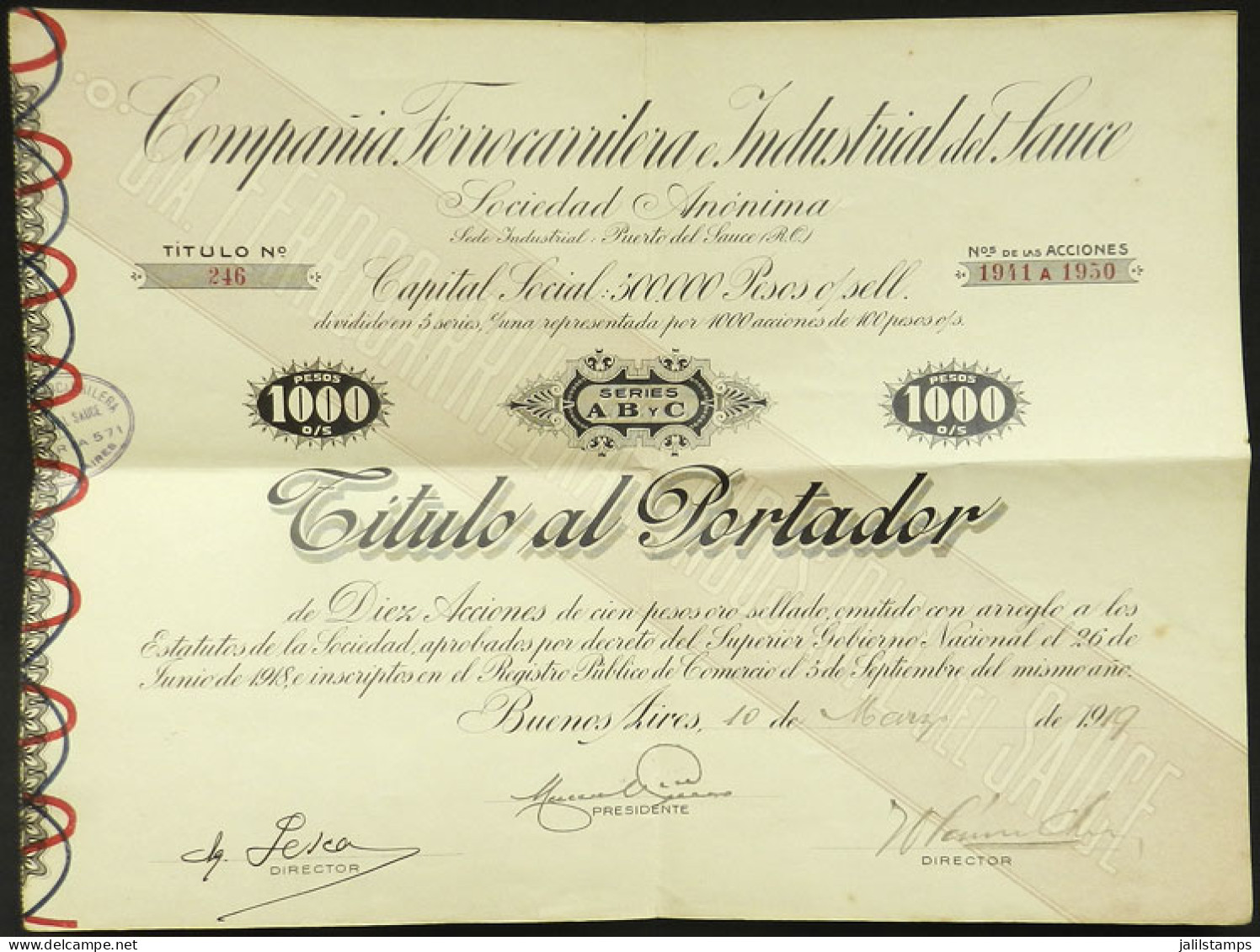 URUGUAY: Certificate For 10 Shares Of The Year 1919: Railway Company Compañía Ferrocarrilera E Industrial Del Sauce, Wit - Non Classés