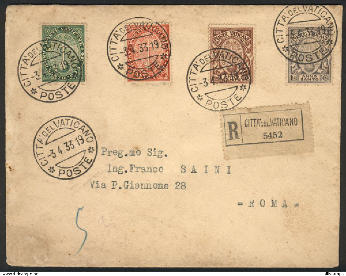 VATICAN: Registered Cover Franked By Sc.B1/B4 (Holy Year), Sent To Roma On 3/AP/1933 (first Day Of Issue), Fine Quality, - Autres & Non Classés