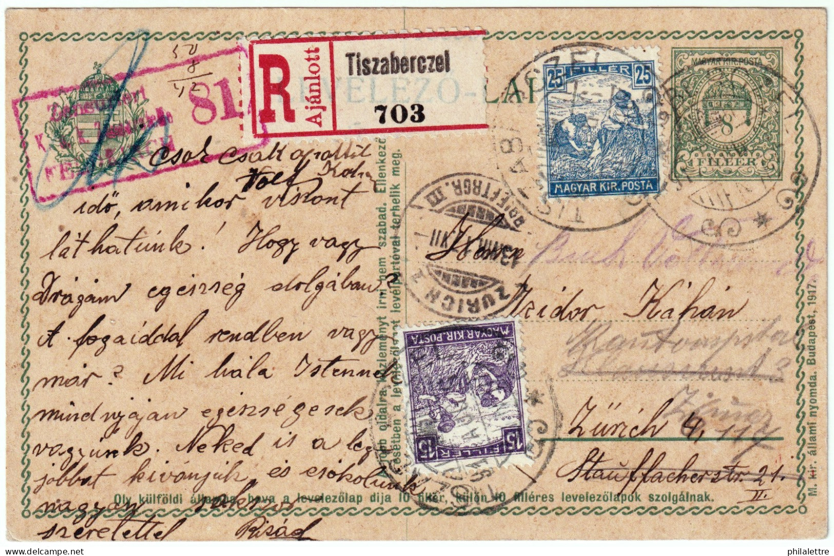 HONGRIE / HUNGARY - 1917 Censored Registered Postal Card From TISZABERCZEL To Zürich, Switzerland - Lettres & Documents