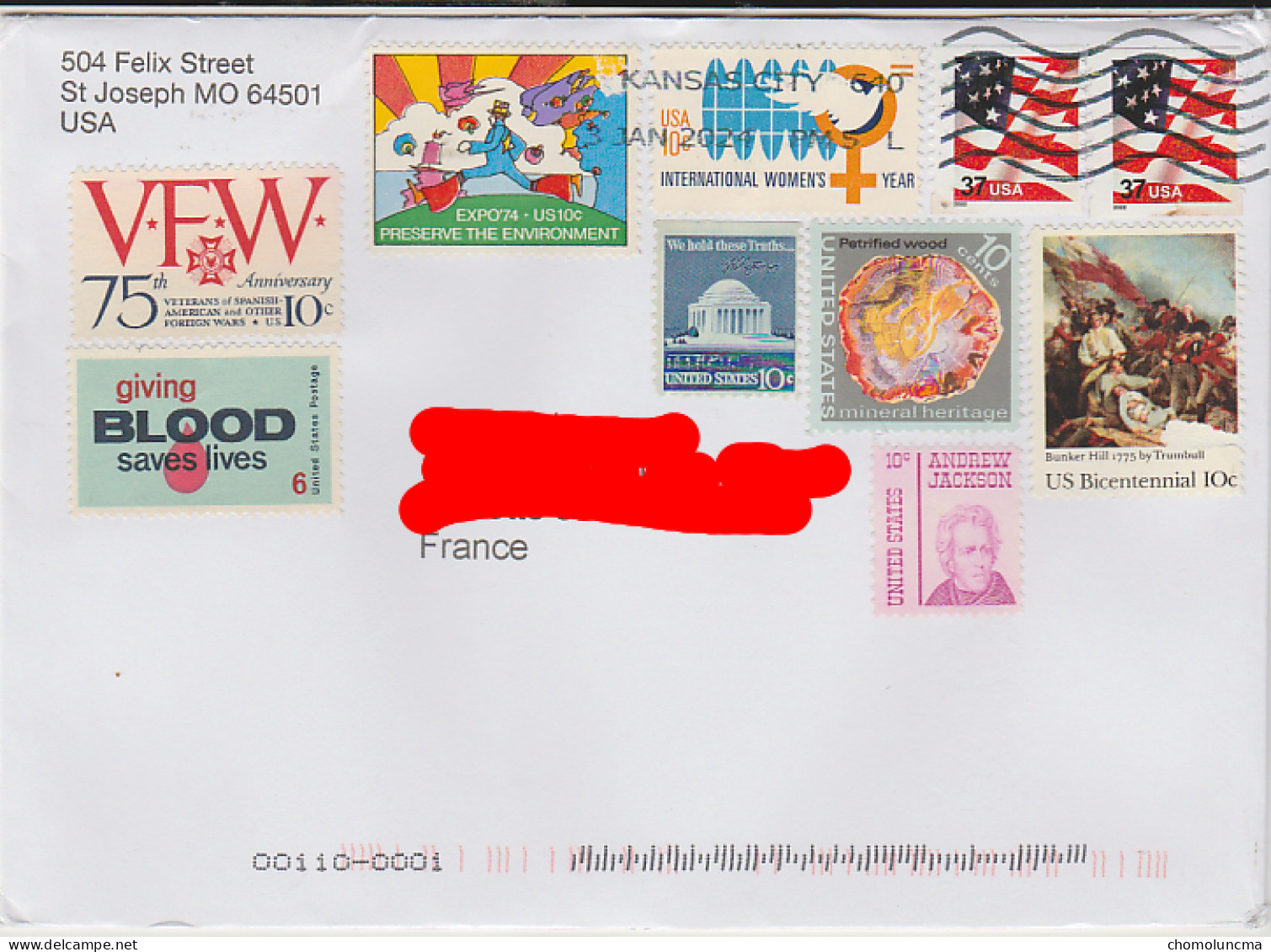 USA Cover To France 2024 Circulated With Stamps Blood Veteran Environment Women Mineral Flag Bunker Hill Andrew Jackson - Cartas & Documentos