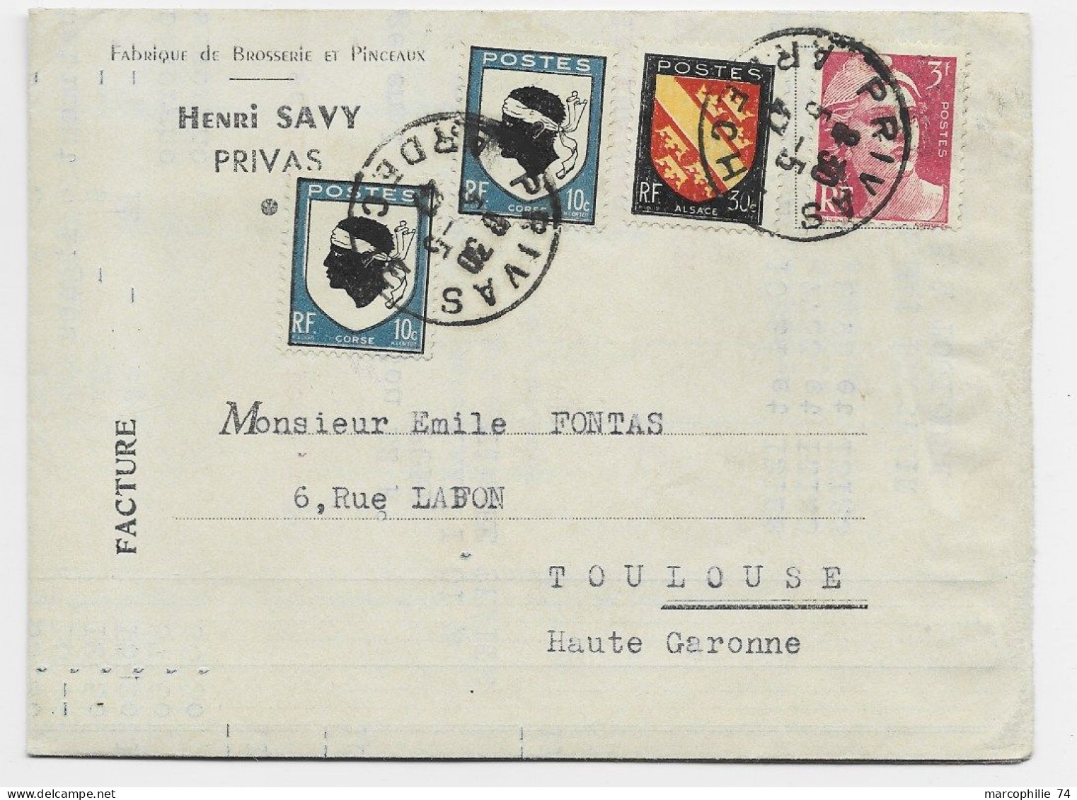 BLASON 10C CORSEX2+30C+ 3FR GANDON LETTRE PRIVAS ARDECHE 5.5.1947 TARIF FACTURE - 1941-66 Wapenschilden