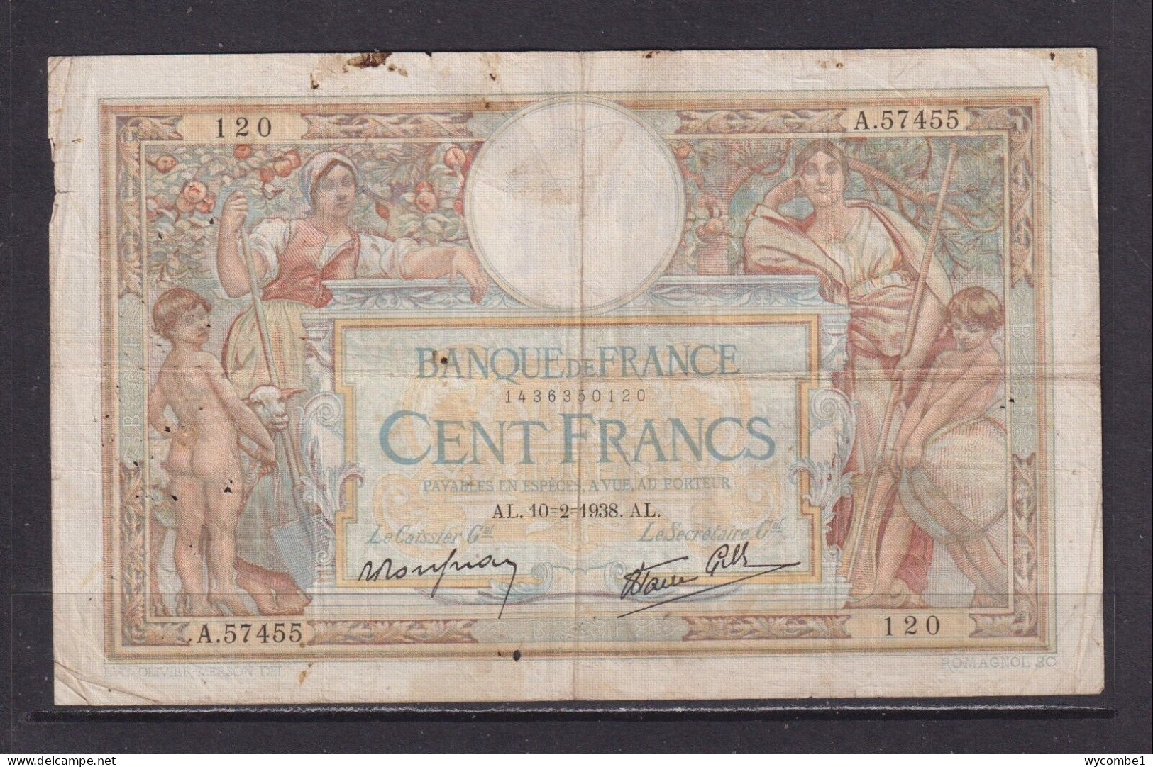 FRANCE - 1938 100 Francs Circulated Banknote As Scans - 100 F 1908-1939 ''Luc Olivier Merson''