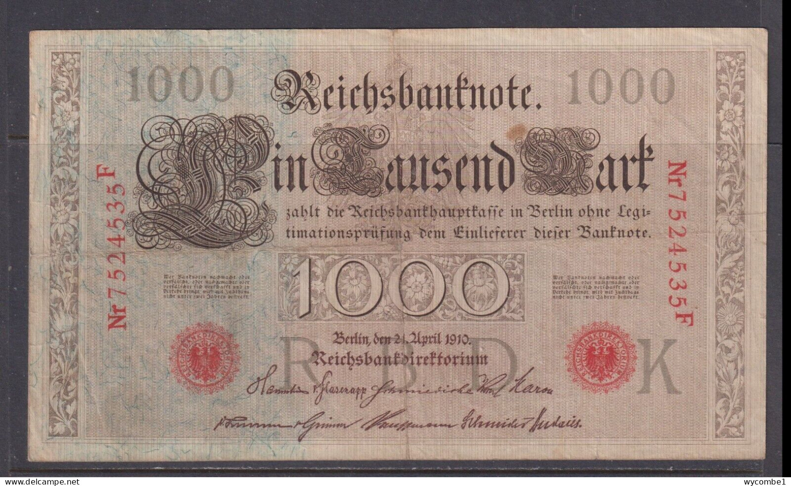 GERMANY - 1910 1000 Mark Circulated Banknote - 1.000 Mark