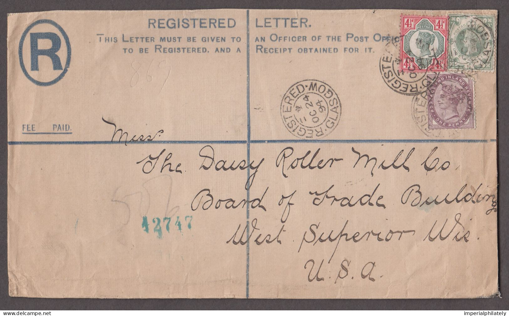 1894 (Oct 24) Registered Envelope From Glasgow To The USA With 1881 1d Lilac Die II, 1887 1s Green And 1892 4 1/2d Green - Storia Postale