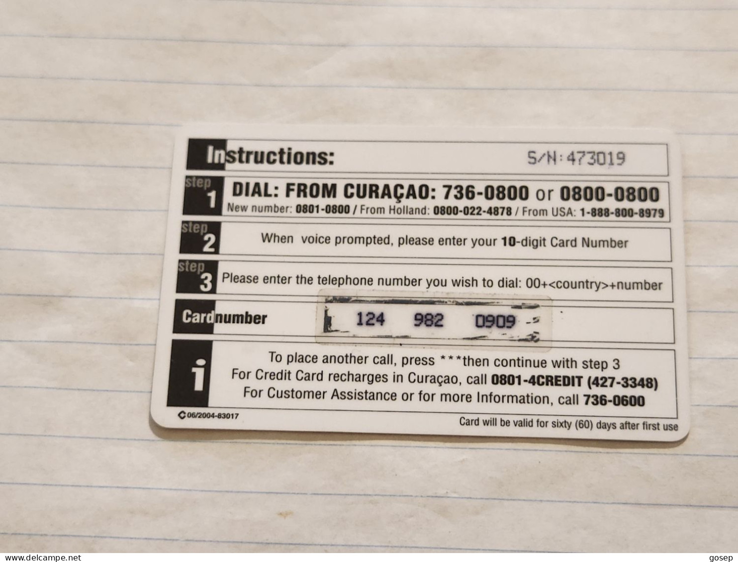 ANTILLES-(CW-MIO-PRE-?)-EZTALK-(24)-(NAF25)-(124-982-0909)-(60day After-plastic)-used Card+1card Prepiad Free - Antilles (Netherlands)