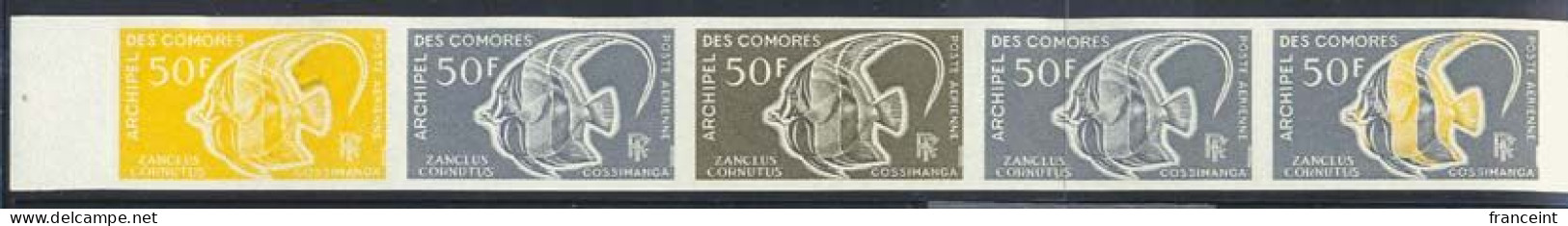 COMOROS(1968) Moorish Idol. Trial Color Proofs In Strip Of 5 With Multicolor. Scott No C23, Yvert No PA23. - Autres & Non Classés