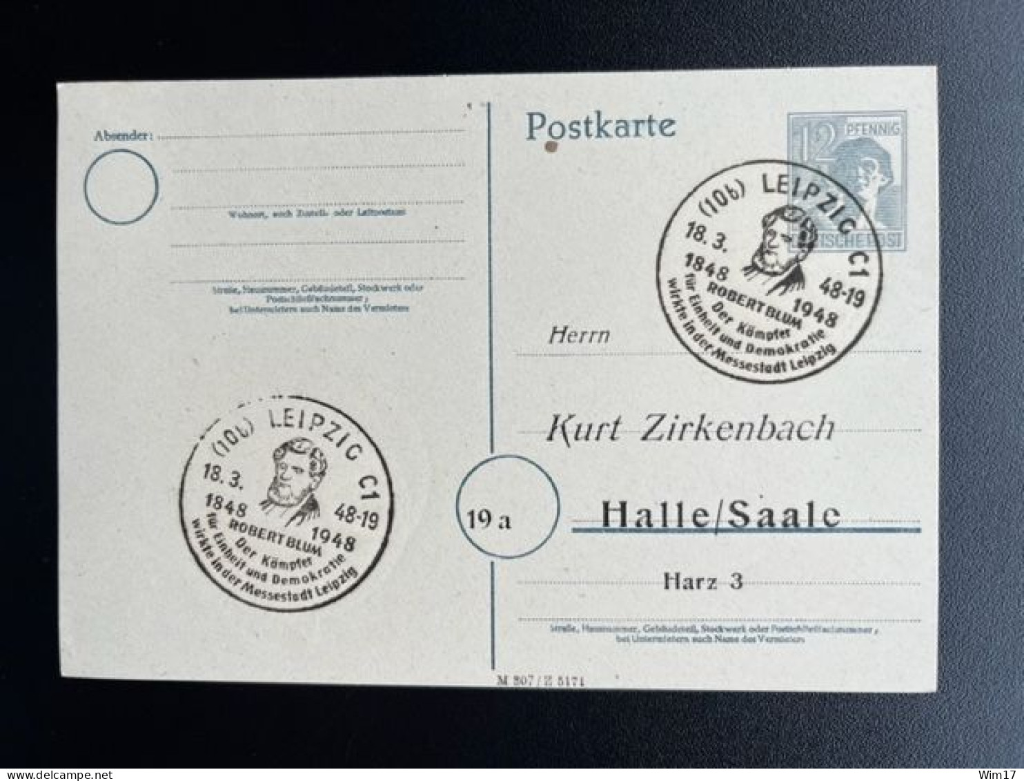 GERMANY 1948 POSTCARD LEIPZIG TO HALLE 18-03-1948 DUITSLAND DEUTSCHLAND SST ROBERT BLUM - Ganzsachen