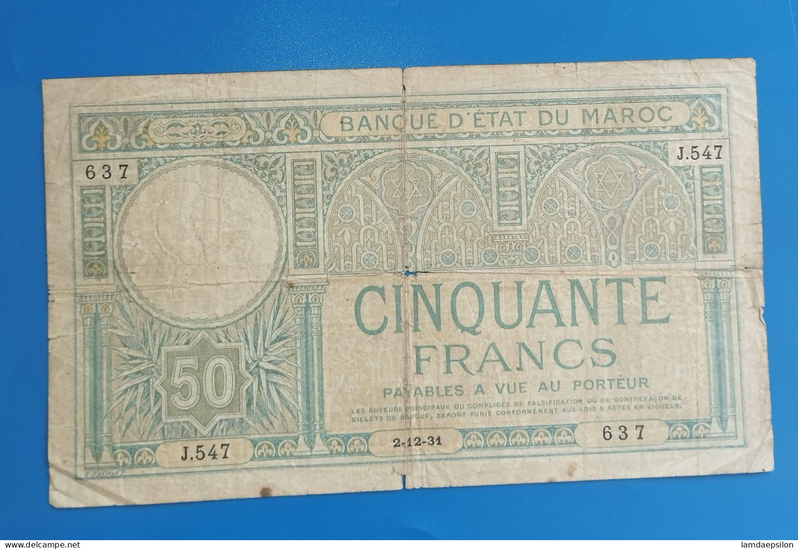 BANQUE D'ETAT DU  MAROC MOROCCO  MARRUECOS 50 FRANCS 1931  RARE - Marokko