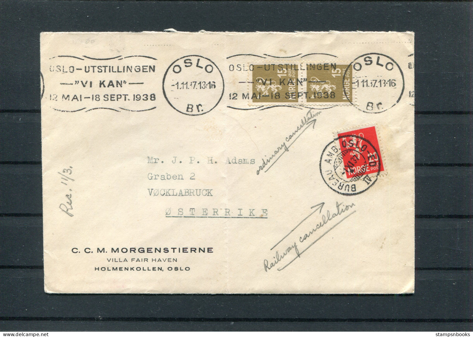 1937 Norway Morgenstierne Holmenkollen Oslo "Utstillingen" Machine Slogan, Bureau AMB. Railway TPO Cover - Lettres & Documents