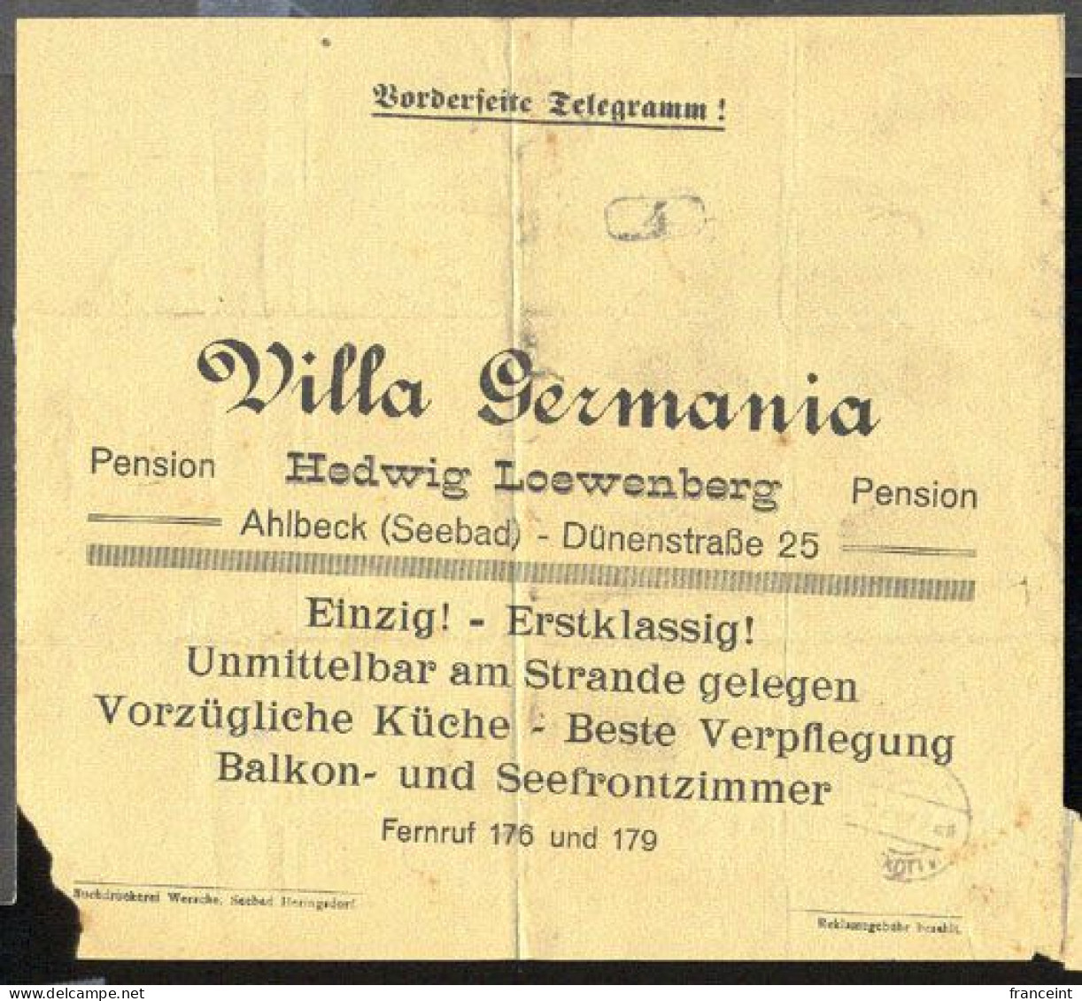 GERMANY(1924) Restaurant. Telegram With Printed Ad For Villa Germania In Ahlbeck - Vorzugliche Kuche - Beste Verpflegung - Other & Unclassified