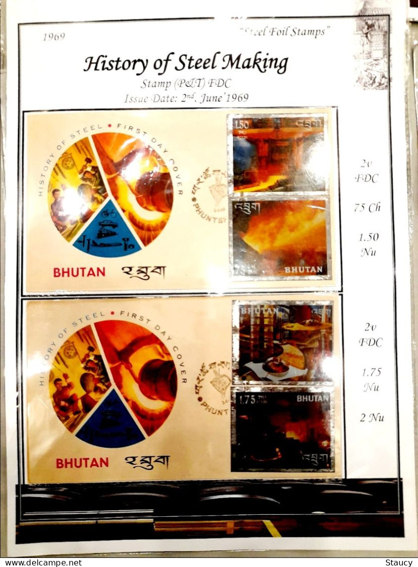 BHUTAN 1969 RARE COLLECTION Of STEEL 3d Printed On STEEL Foil 12v SET + 6 Souvenir Sheets + 6 Off FDC's + 2 Agency FDC - Errori Sui Francobolli