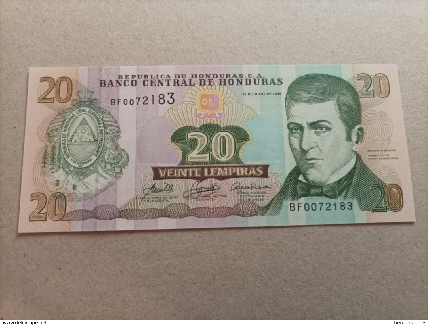 Billete De Honduras De 20 Lempiras, Nº Bajo 0072183, Año 2006, UNC - Honduras