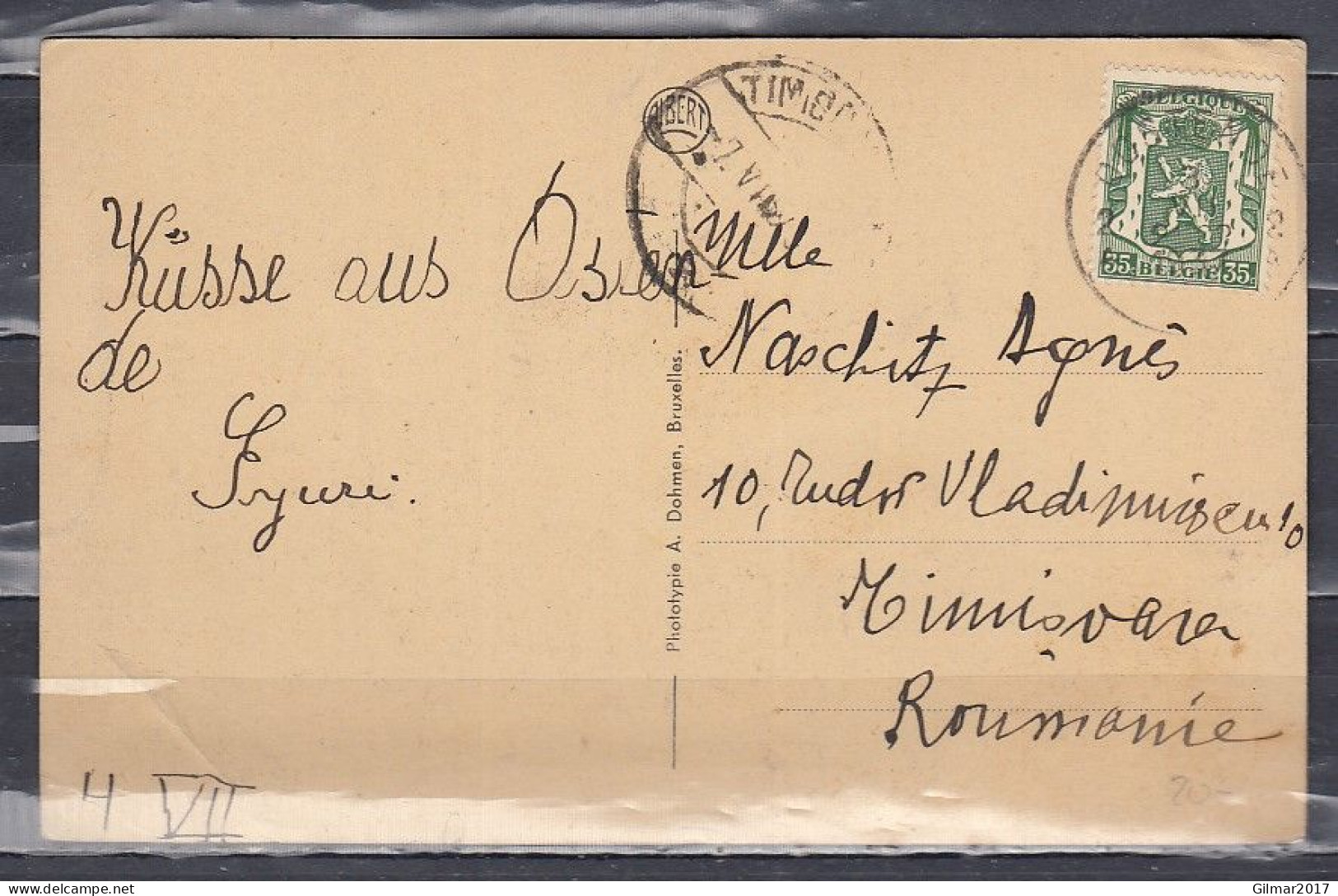 Postkaart Van Oostende 2 Naar Timisoara (Romenie) - 1935-1949 Kleines Staatssiegel