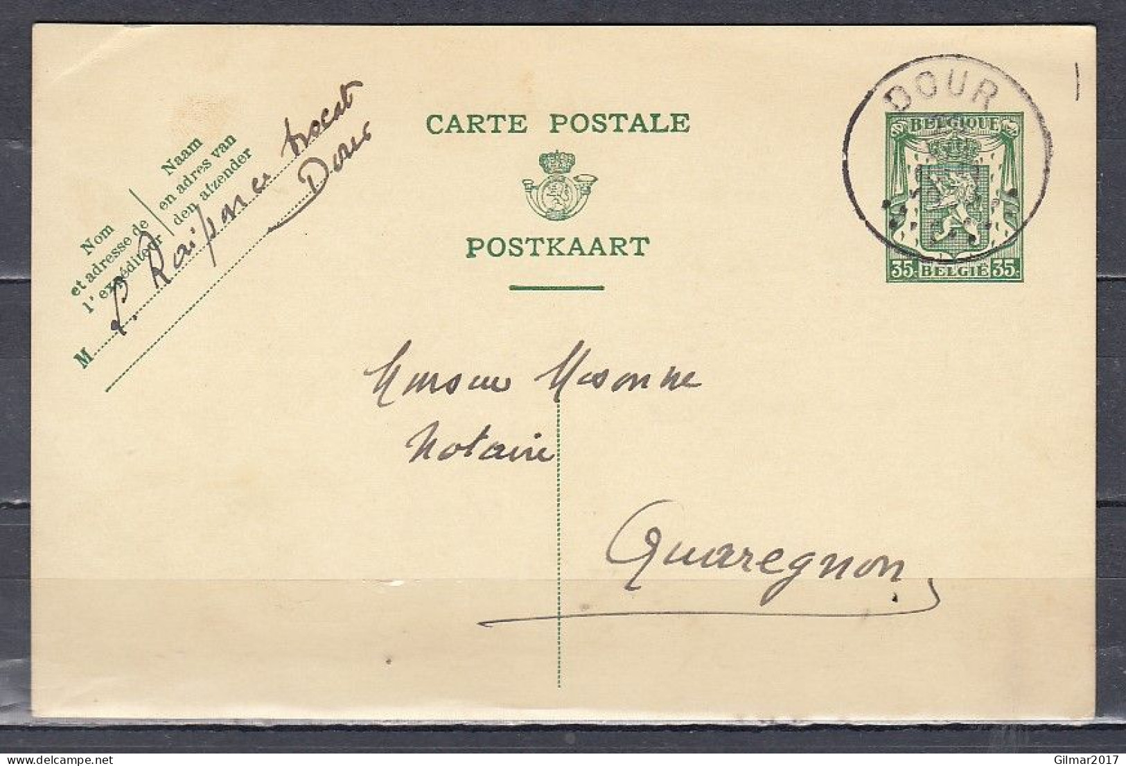 Postkaart Van Dour Naar Quaregnon - 1935-1949 Klein Staatswapen