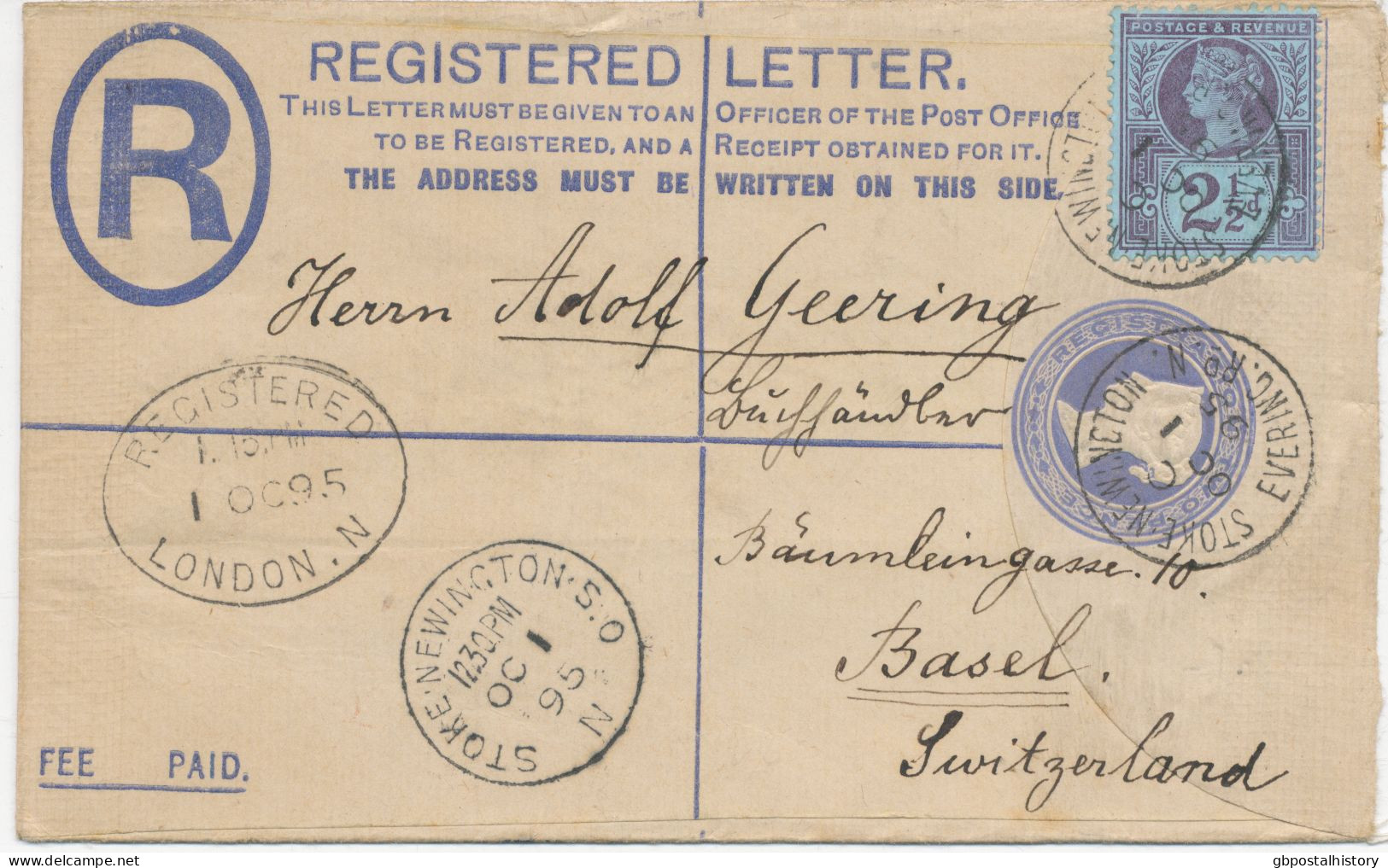 GB 1895 QV 2d Postal Stationery Registered Env Uprated 2 1/2d Jubilee LONDON CDS 23mm "STOKE-NEWINGTON-S.O / N" Also Ova - Covers & Documents