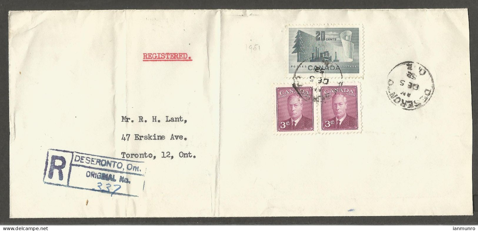 1952 Registered Cover 26c Forestry/Postes RPO CDS Deseronto Ont To Toronto Ontario - Postal History