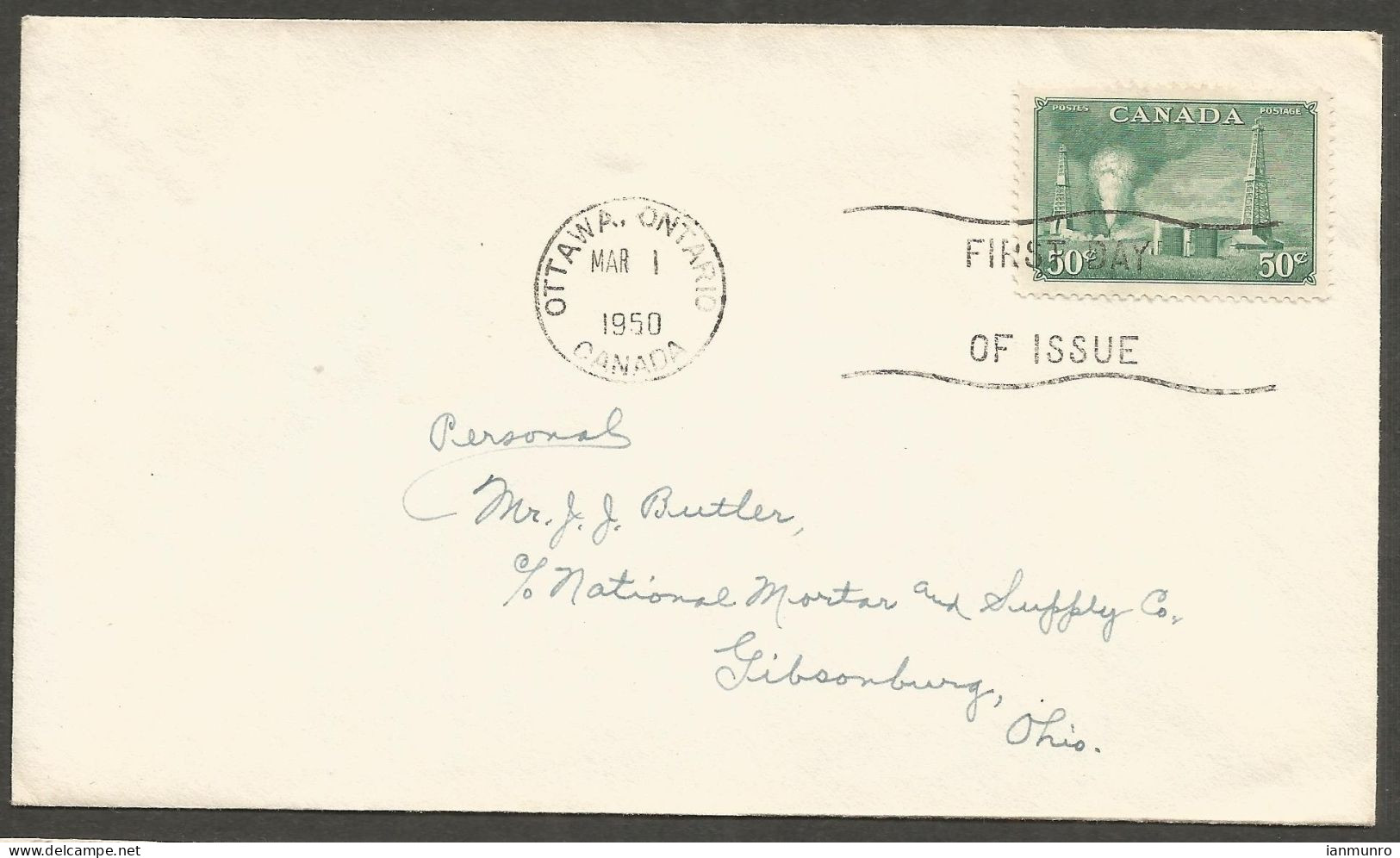 1950 FDC First Day Cover 50c Oil Wells #294 Ottawa Ontario To USA - Postgeschichte