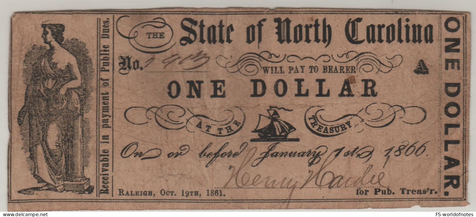 USA   $ 1  "The State Of North Carolina "  Dated 1st Jan. 1866   ( Issued-genuine ! ) - Devise De La Confédération (1861-1864)