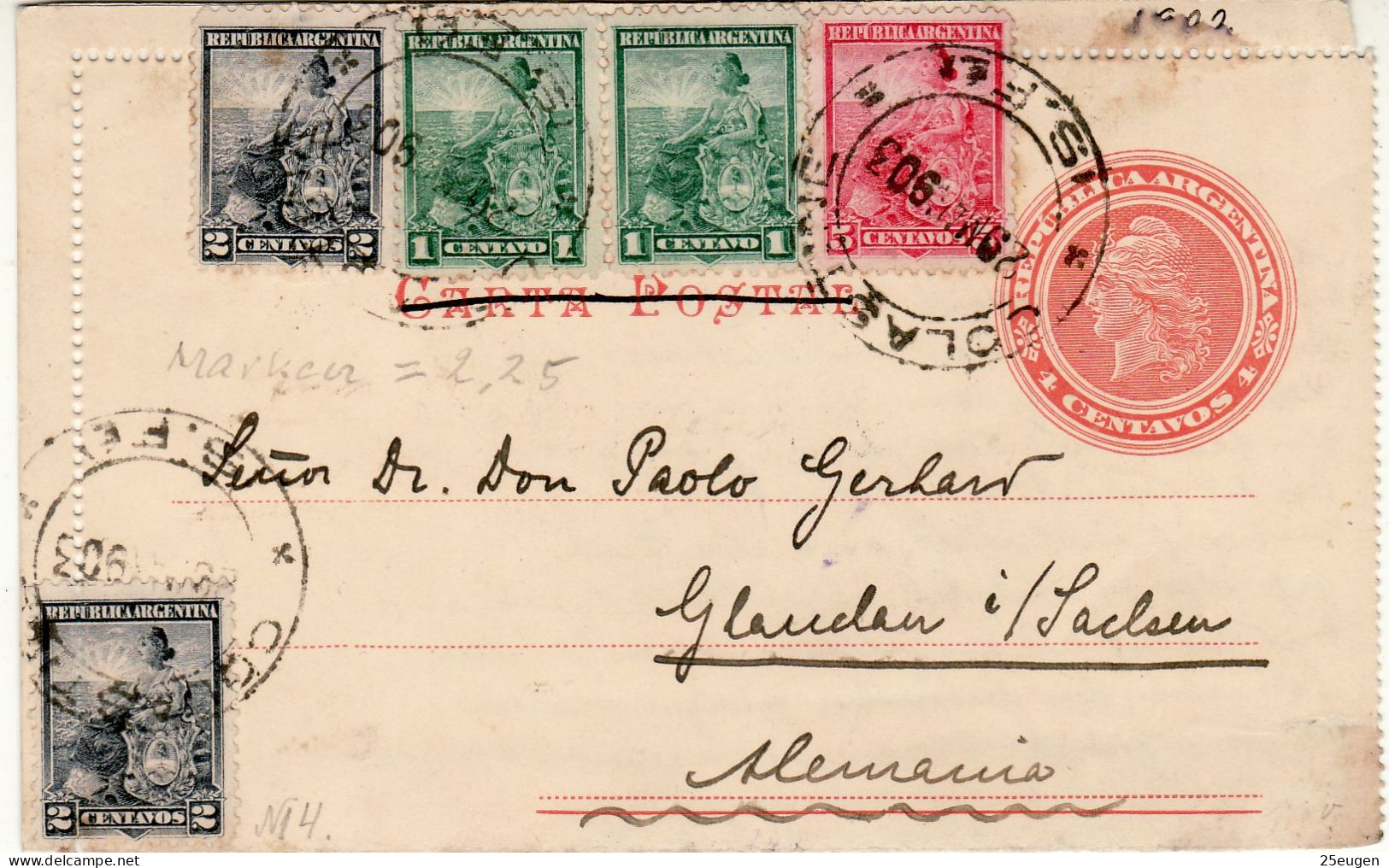 ARGENTINA 1903  LETTER CARD SENT TO GLAUCHAU - Lettres & Documents