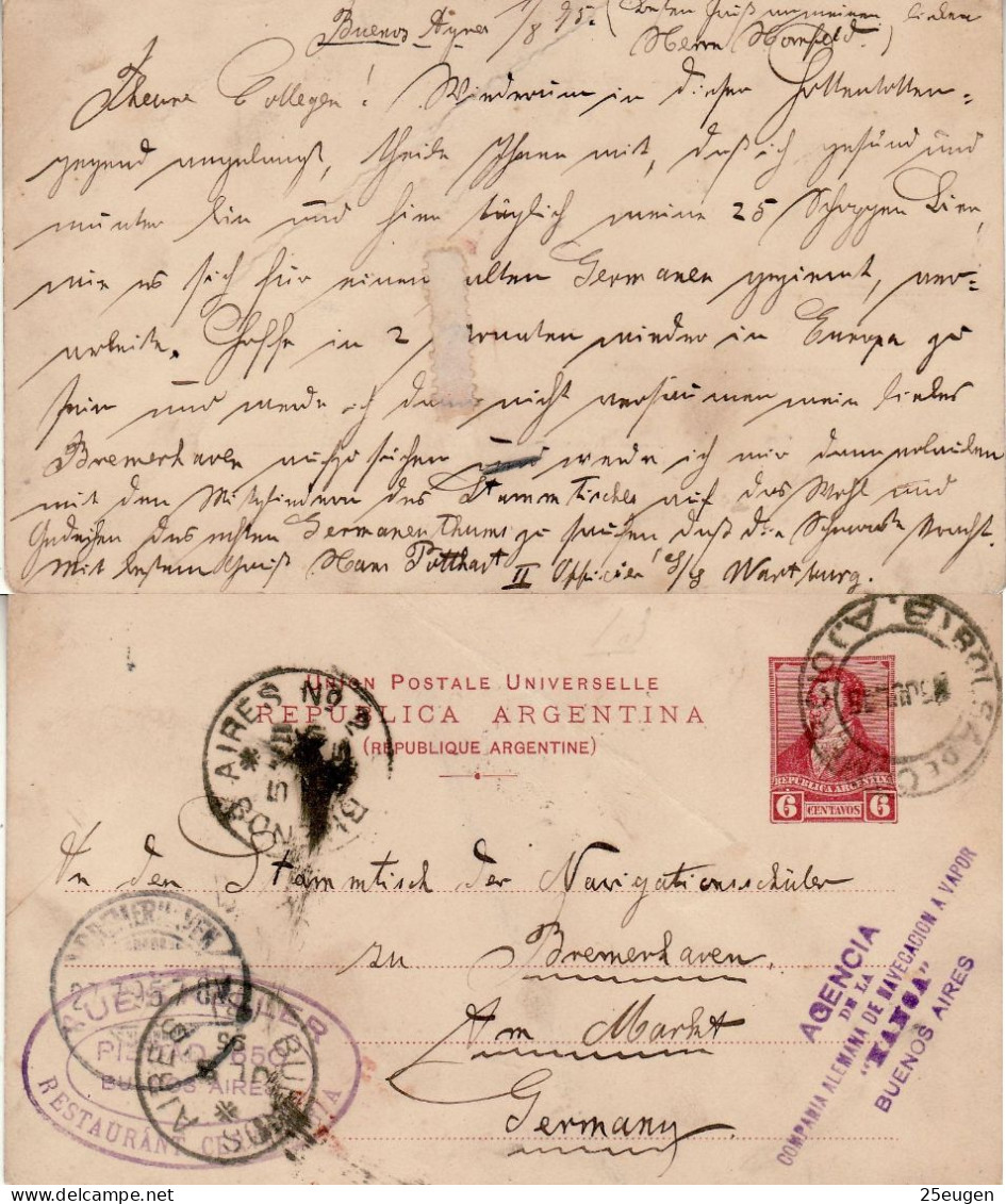 ARGENTINA 1895 POSTCARD SENT FROM BUENOS AIRES TO BREMENHAVEN - Lettres & Documents