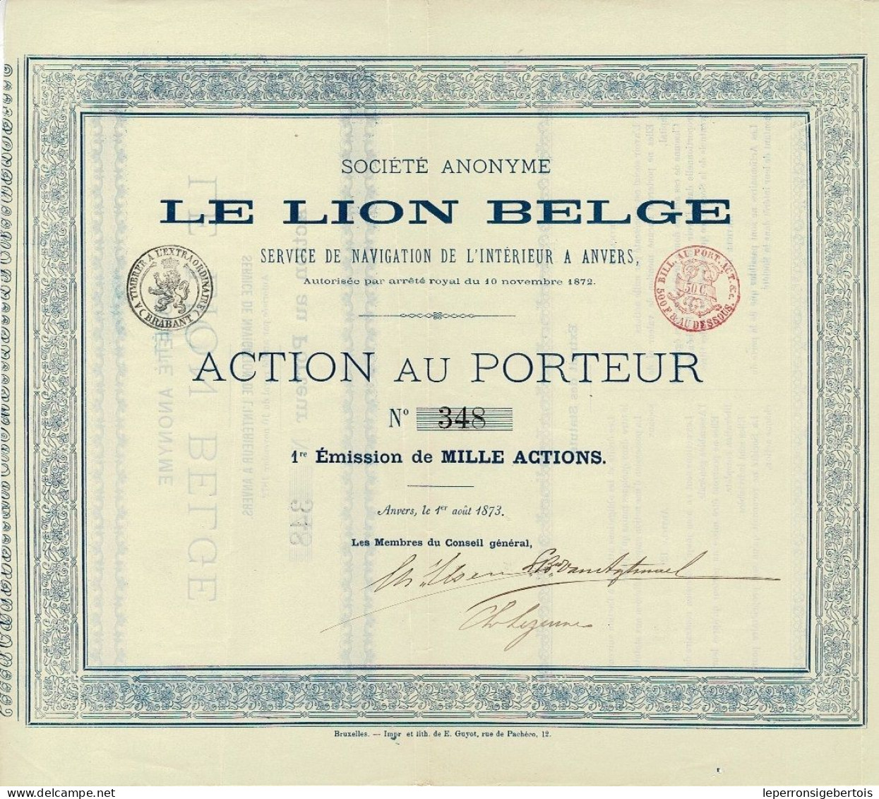 - Lot De 5 Titres De 1873 - Société Anonyme - Le Lion Belge - Service De Navigation De L'Intérieur à  Anvers - Rare - Scheepsverkeer