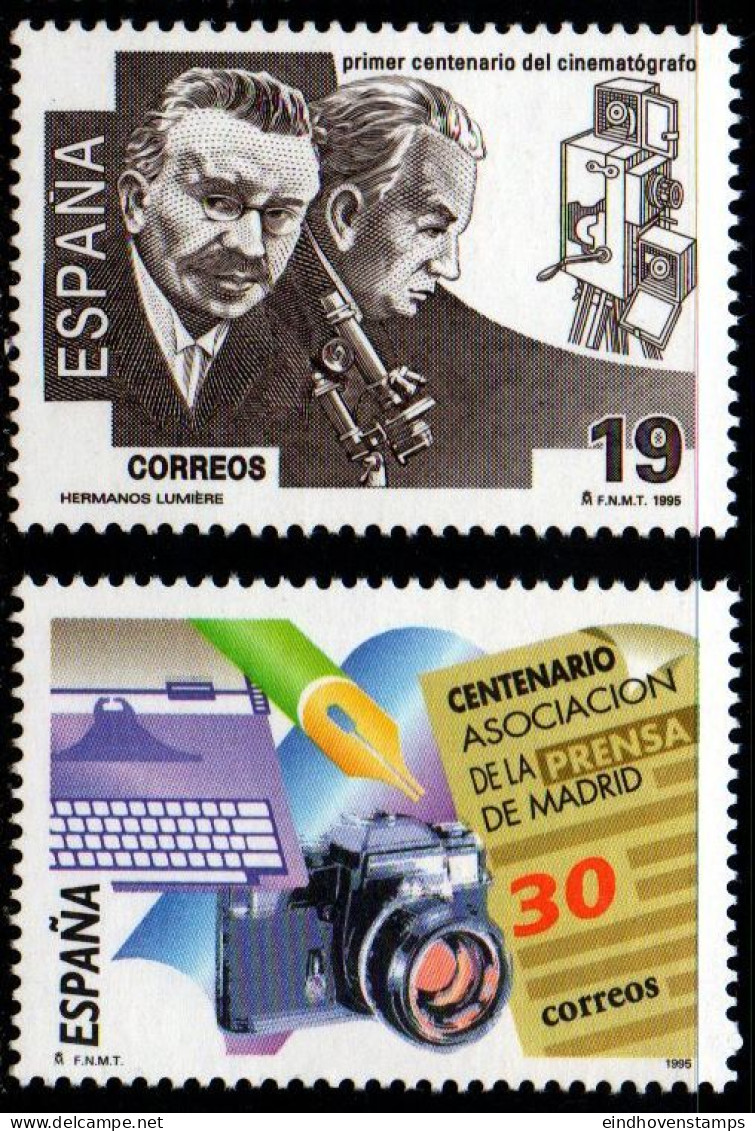 Spain 1995 Press Association 100 Year 2 Values MNH Lumiere, Photo Camera, Microscope, Typewriter - Andere & Zonder Classificatie