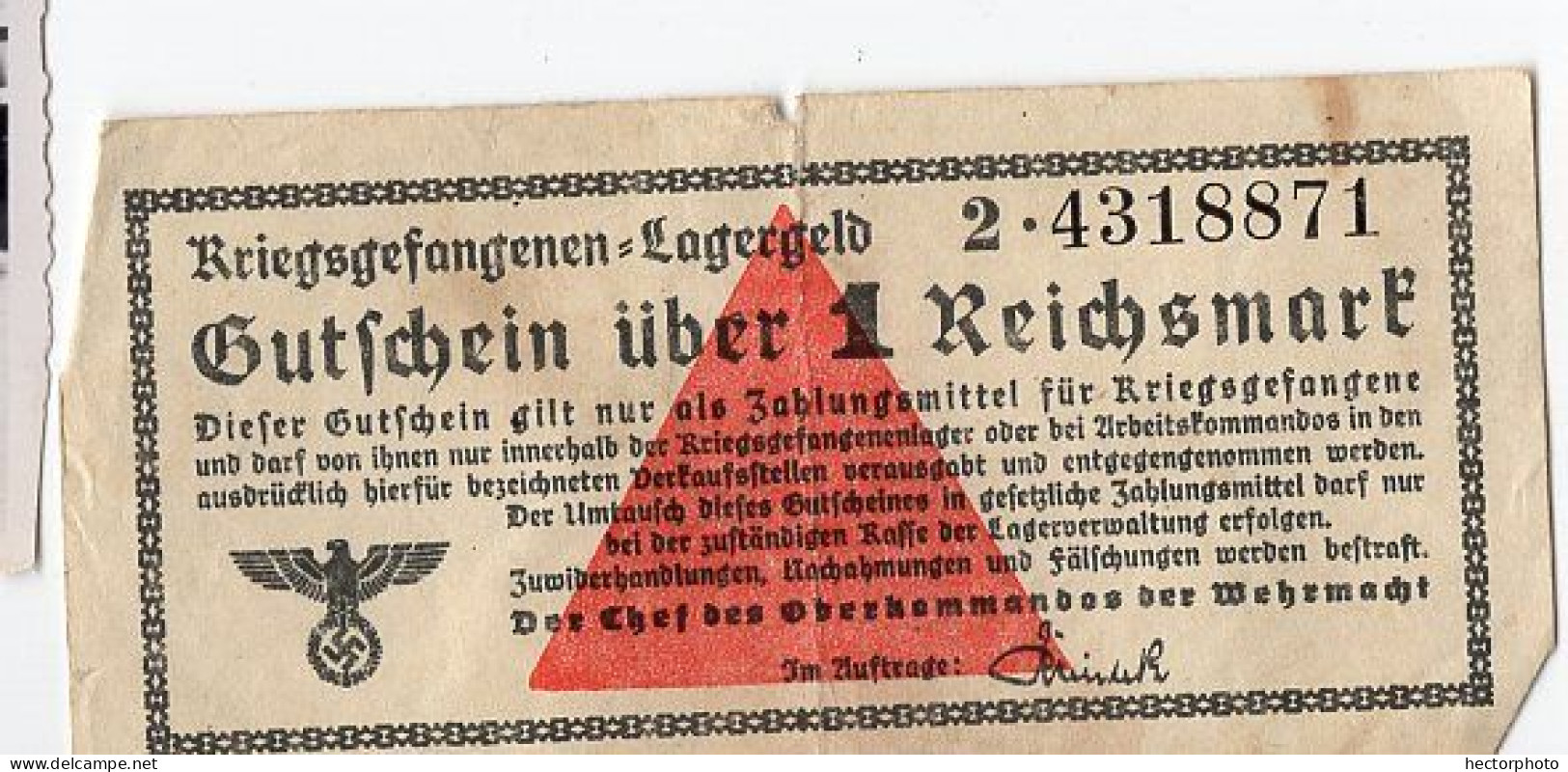 Billet Camp Prisonnier Allemand Gutfchein Lagergeld 1 REICHSMARK 39-45 WW2 PFENNING MARK Kriegsgefangenen Nr 4318871 - Sonstige & Ohne Zuordnung