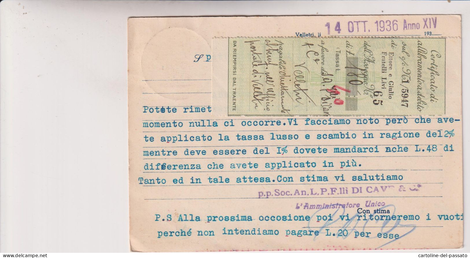 VELLETRI ROMA TESTATINA PUBBLICITA' CON ALLIBRAMENTO A DEBITO  MOBILIFICIO TESSUTI F.LLI DI CAVE 1936 - Velletri