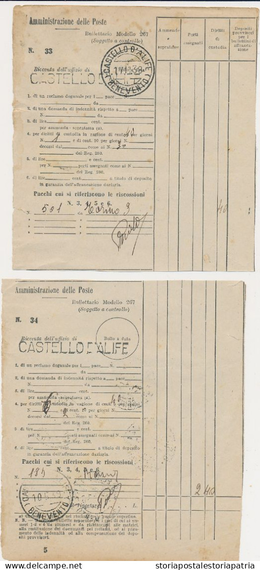 1938/42 CASTELLO D'ALIFE BENEVENTO 4 MODELLI 267 DIRITTI CUSTODIA PACCHI CON PACCHI POSTALI - Pacchi Postali